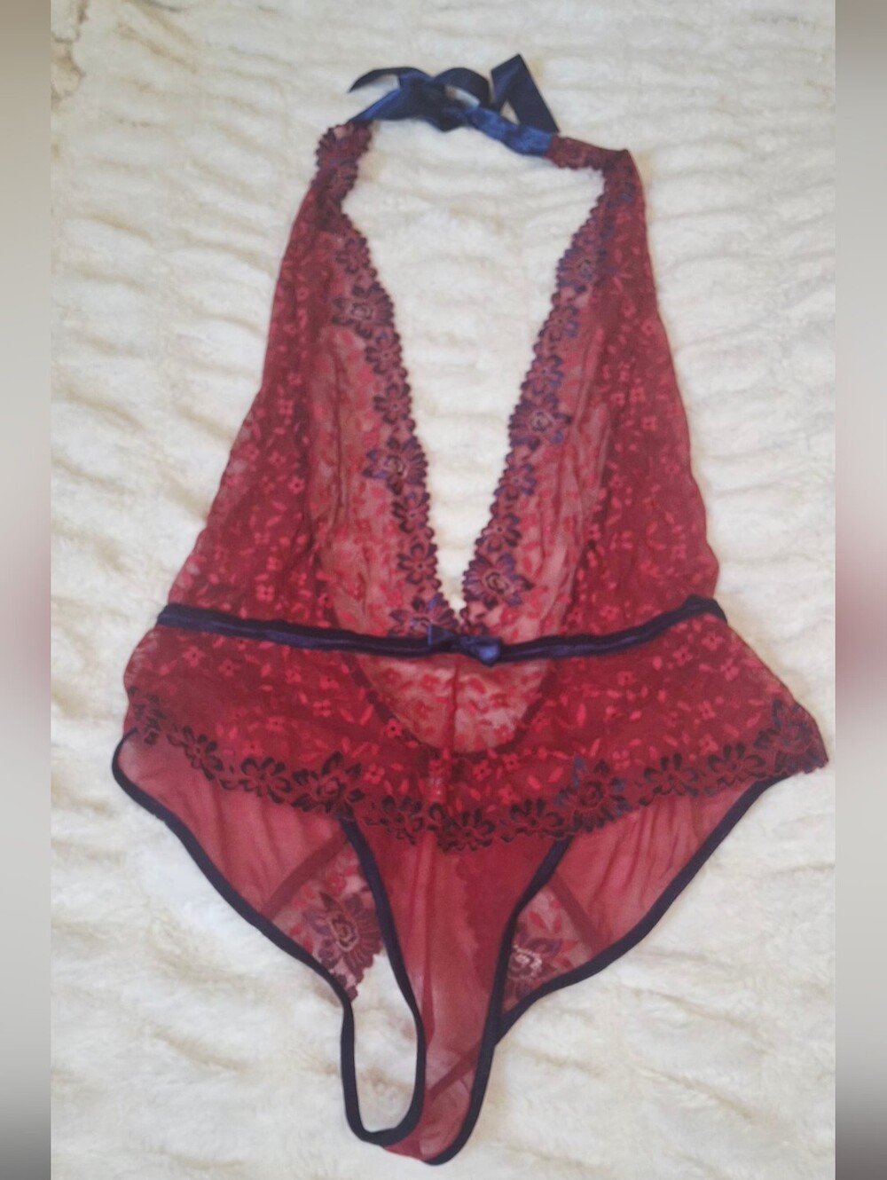 Floral Red Laced Open Back Halter Teddy